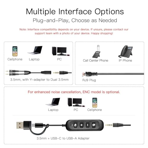 X1 ENC Noise Cancelling USB Headset, 3.5mm Single Ear Office Headset with USB C/A Adapter, Wired Mono Call Center Headset for PC Laptop Cell Phone, Business Computer Headphones for WFH Office