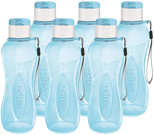 MILTON Water Bottle Kids Reusable Leakproof 12 Oz Plastic Wide Mouth Large Big Drink Bottle BPA & Leak Free with Handle Strap Carrier for Cycling Camping Hiking Gym Yoga - color: Blue 6 pack