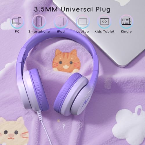 Candy Bila Kids Headphones, Wired Headphones for Kids Over Ear with Microphone, Foldable Headphone for Learning & Entertainment, Gradient Deep Purple - color: Gradient Deep Purple