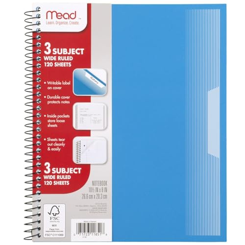 Mead Spiral Notebook, 5 Pack, 3 Subject, Wide Ruled Paper, Plastic Cover, 8" x 10-1/2", 120 Sheets per Notebook, Black, Red, Blue, Green and Yellow (930100A-ECM) - style: Wide Ruled