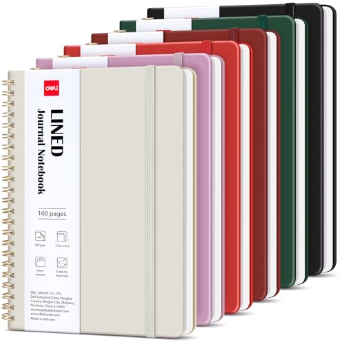 deli 6 Pack Lined Spiral Journal Notebook, 160 Pages, A5 (5.5"x8") Hardcover Writing Notebook, College Ruled Spiral Bound Journal for Women & Men - Perfect for Work, School, Office & Note Taking - color: Beige,Red,Taro Purple,Dark Red,Dark Green,Black, si