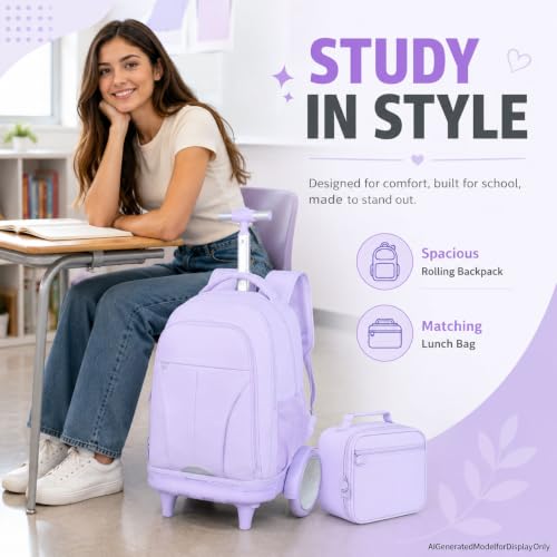 AGSDON Quiet Glide Rolling Backpack with Lunch Box Set - Large Wheel Water-Resistant Wheeled Bag for Business, Travel, and College | Lavender Purple 3-in-1 Organizer Backpack - color: Reflective Purple - Rolling Backpack