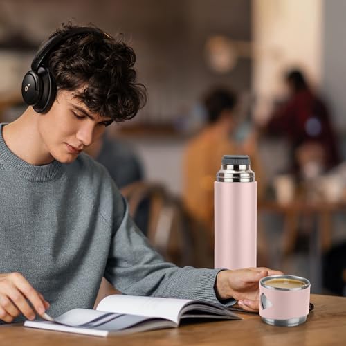 Stainless Steel Thermo 700ml/23.7oz Vacuum Insulated Bottle with Cup for Coffee Hot drink and Cold drink water flask.(Pink,Single) - color: Pink (Single), size: 23.7 Ounces
