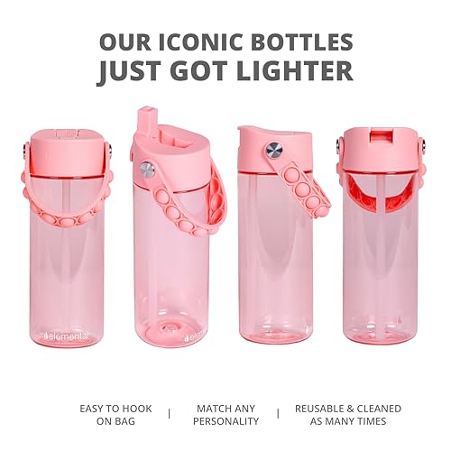 Elemental Leak Proof Water Bottles for Kids - Splash Kids Water Bottle for School with Pop-it Handle - Tritan Plastic Water Bottle with Straw - Fancy Frog Clear & Rose - 18oz (2 Pack) - color: Duo - Clear Frog / Rose