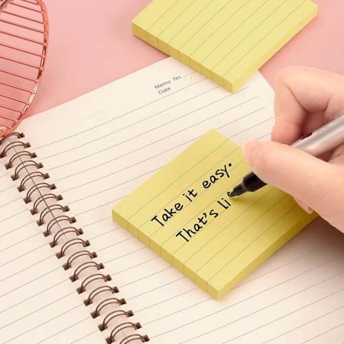 Lined Sticky Notes 3x3 in, Self-Adhesive, 4 Pads, 90 Sheets/Pad (Yellow) | Strong Self-Adhesive Backing, Sticks Firmly and Removes Cleanly - color: Yellow