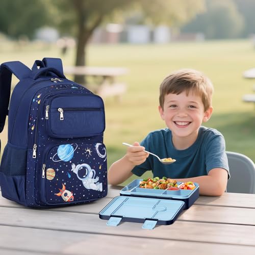 Bevalsa Kids Backpack for Boys with Bento Lunch Box, Insulated Bag & Utensils, 43oz Lunch Containers with 6 Compartment, School Bags for Elementary Middle School Student (Space) - color: Space