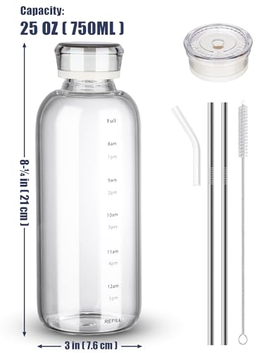 NiHome 25oz/750ml Clear Glass Water Bottle with 2 Caps & Stainless-Steel Straw, Temperature Resistant Durable High Borosilicate Glass Drinkware with Leak-Proof Seal for Travel, Gym, School & Home Use - color: Clear