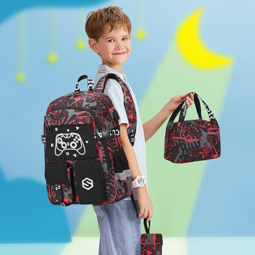 Scothen Boys Backpack, Cool Luminous School Backpacks for Boys with Lunch Bag Pencil Case, Kids Backpack Kindergarten Elementary Middle School Book Bags for Teen Boy Children with USB Charging Port - color: Black-red