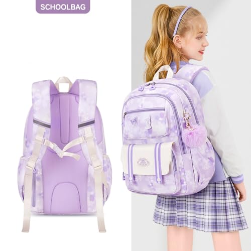 Girl backpack,Kids Backpack for Girl Kawaii Lightweight School Backpack Anti-theft Back Pocket Print Flowers Elementary Bookbag (Purple) - color: Purple