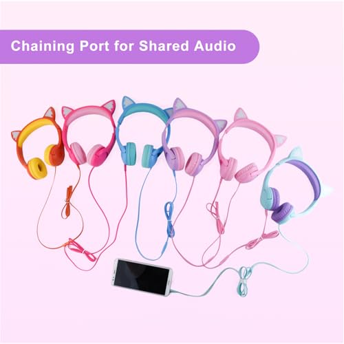 Olyre Kids Cat Ear Headphones, Girls Wired Headset, Audio Sharing Jack, Mic | LED Light-Up kitty headphones; Fun design; Volume limited; Tangle-Free cord; Toddlers, preschools, airplane, classroom - color: All-Pink