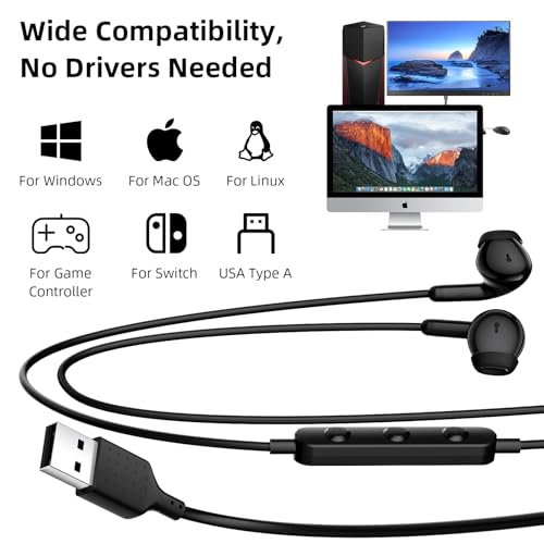 USB Headphones 7.5FT Long Cord Computer Headset Wired Earbuds Lightweight In-Ear Noise Isolation Hifi USB A Earphone with Mic Mute Volume Control for Chromebook PC Laptop Destop for Dell School Office