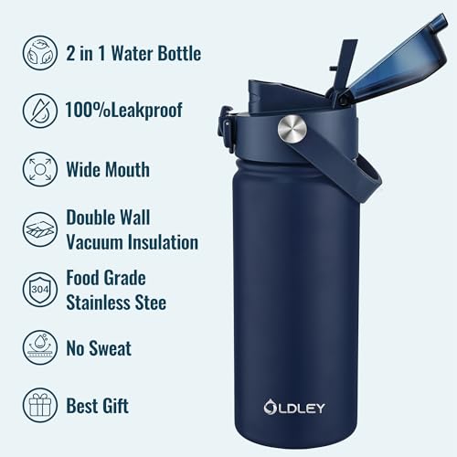 OLDLEY 18oz Insulated Water Bottle with 2-in-1 Straw & Chug Lid, Leakproof Stainless Steel Bottle, Cup Holder Friendly Vacuum Water Bottle for Travel, and School,Navy - color: Navy