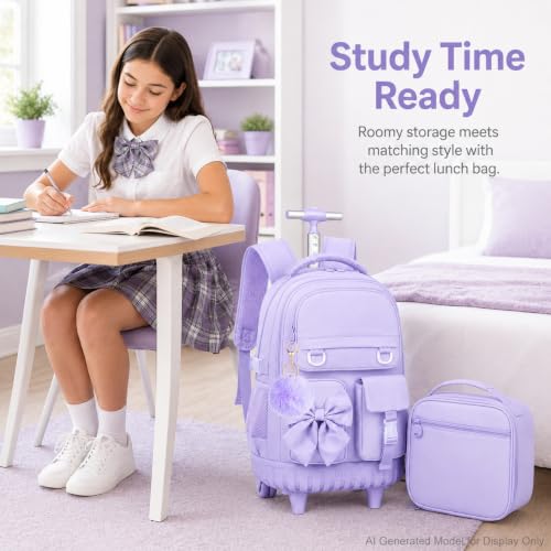 HPJGD 3PCS Rolling Backpack for Girls, Purple Bow Roller School Backpacks with Wheels, Water-Resistant Wheeled Bookbag Set - color: Purple Bowknot Rolling Backpack Set