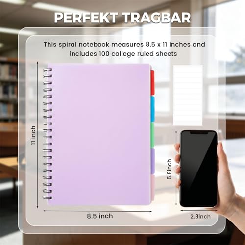 Koogel Spiral Notebook with Tabs, 5 Subject Spiral Notebook Wide Ruled with Removable Dividers, 200Pages Lined Journals for Women Journals Note Taking Work School Gifts, 8.5x11Inch, Purple - color: purple