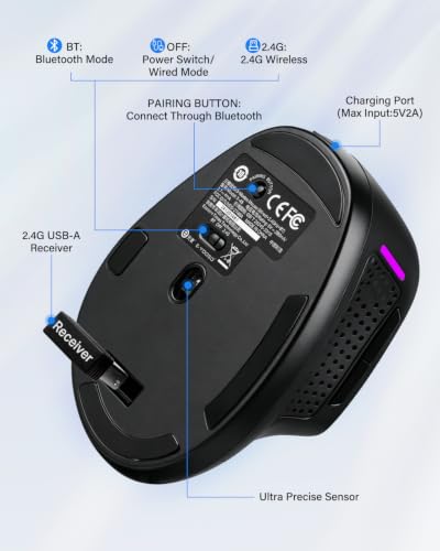 E-YOOSO X45 Rechargeable Vertical Ergonomic Wireless Bluetooth Wired Mouse | Reduce Wrist Pain,Quiet Clicks,4800 DPI,6Ft USB C Cord,Cordless Witeless Mice for Laptop Computer Macbook Chromebook PC