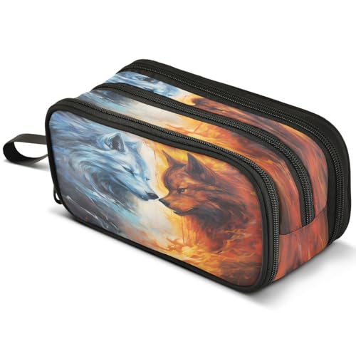 ALAZA Fire Ice Wolf Watercolor Large Pencil Case, Pen Pouch Pencil Bag with 3 Compartments Pen Holder Organizer Stationery Bag - color: A01