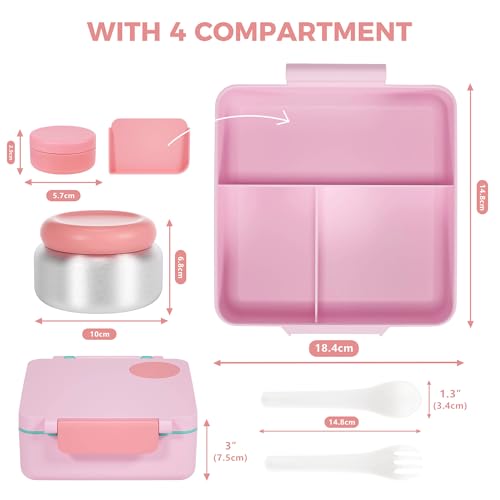 FOOYOO Bento Lunch Box Set for Kids & Adults, Leakproof 4-Compartment Container with Insulated Stainless Steel Food Jar, Utensils, BPA-Free, Microwave & Dishwasher Safe for School Work Travel(Pink) - color: Pink