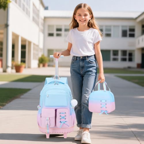 Scothen Rolling Backpack for Girls, Girls Backpack Set with Lunch Box & Pencil Pouch for Teen Girl Kids Children Elementary Middle School, Bookbag Daypack Laptop Travel Backpack with Wheels - color: Blue Purple