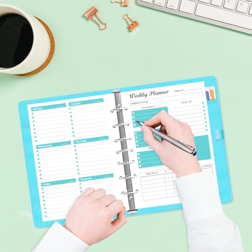 7-Hole Weekly Planner Refills for Mini Binders - 53 Sheets/106 Pages Weekly Planner Paper, 100 gsm White Paper, Lasts 1 Year, Undated, 5.8" x 8.3", Teal - size: 1-Pack, style: 7-Hole/Desk Size 4