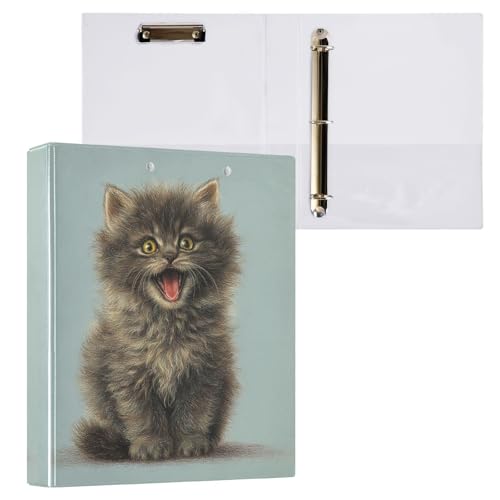 Fustylead Realistic Black Kitten Yawning Pattern 3 Ring Binder, D-Rings 1.5" Hardcover Folder, Fits 200 Sheets of A4 Paper, Durable Clipboard & Clean View with Inside Pockets for School Home Office - size: 12.4x10.63x2.36 Inch-2 Pack
