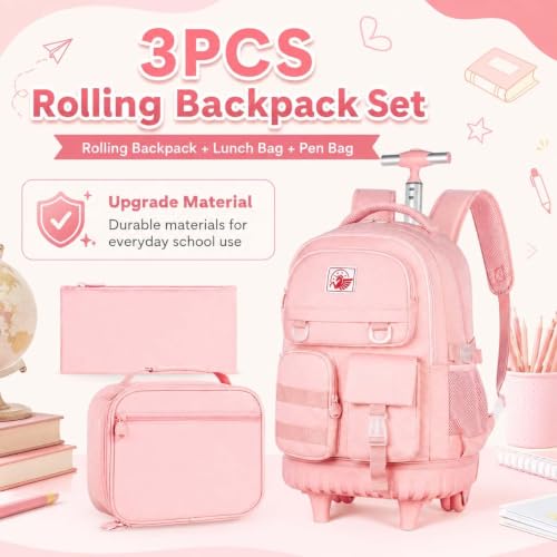CCJPX Rolling Backpack for Girls Women, 21 inch Roller Wheels School Bookbag, Wheeled Suitcase Backpacks with Lunch Bag for Teen - Pink - color: Pink