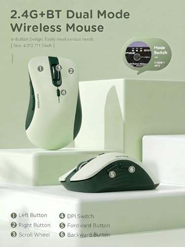 RAPIQUE Bluetooth Wireless Mouse, Dual Bluetooth & 2.4G USB Receiver, Quiet Clicks, Right-Hand Ergonomic 6 Button Mouse, Adjustable DPI, AA Battery, for Laptop, PC, Mac, Tablet - Avocado Green - color: Avocado Green