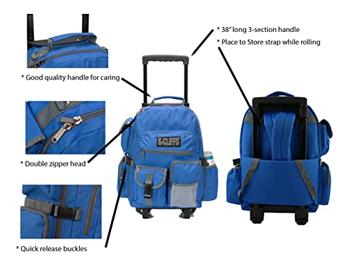 K-Cliffs Heavy Duty Rolling Backpack School Bookbag with Wheels Deluxe Wheeled Daypack - color: Royal