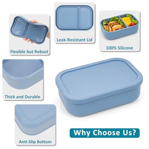 100% Silicone Bento Box Adult with 2 Compartments, 32oz, Reusable Divided Lunch Box Meal Prep Containers for Entree and Side Food Snack Storage, BPA-Free Plastic-Free, Microwave Dishwasher safe, Blue - color: Green | 32oz | 2-Compartment