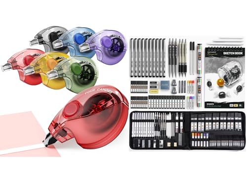 Four Candies Silent Correction Tape, White Correction Tape 12 Pack+73PCS Advanced Art Supplies Drawing Kit