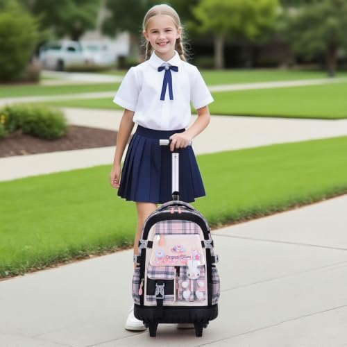 FIXITOK Rolling Backpack for Girls, Kawaii Bunny Roller Wheels School Backpacks with Lunch Bag Pencil case, Wheeled Suitcase Bookbag for Elementary Travel Plaid-Blackpink - color: Plaid-blackpink