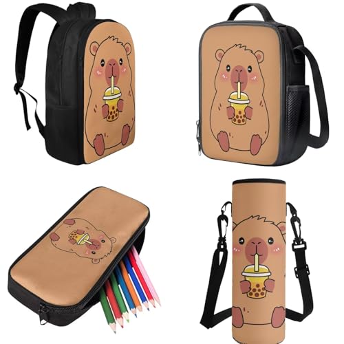 Cute Capybara Backpack Set with Lunch Box, Backpack for 2nd Grade Boys Girls Kids Back to School Back Pack Pencil Case and Water Bottle Holder 4 Piece Set for Kids Study - color: Cute Capybara