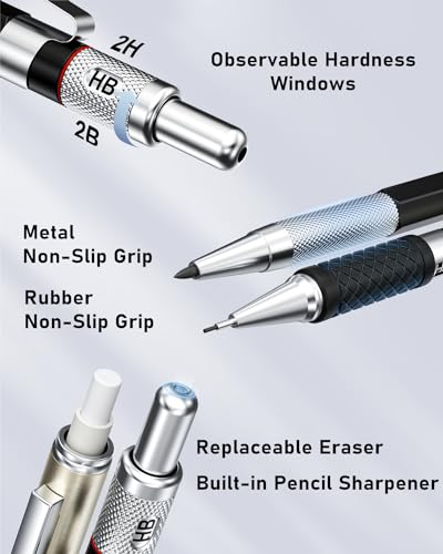 Four Candies 27PCS Metal Mechanical Pencil Set, Art Supplies with Case | 0.3, 0.5, 0.7, 0.9 mm & 2PCS 2mm (HB 2H 2B 4B Color) with 552 Lead Refills, Technical Drafting Drawing Kit for Teen & Adults - style: 0.3mm+0.5mm+0.7mm+0.9mm+2.0mm