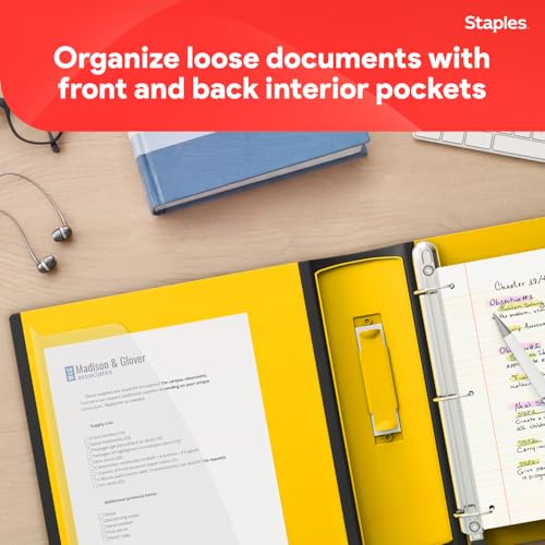 Staples Heavy-Duty 3-Inch D-Ring Binder, Yellow – Large Capacity 3-Ring Binder, Holds Up to 600 Sheets for School & Office - color: Yellow, size: 3-Inch, style: 1 Pack