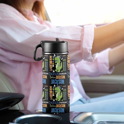 Personalized Water Bottles with Straw Lid, Custom Dinosaur Water Bottle Stainless Steel Insulated Cup with Name for Boys Girls - color: Color_01