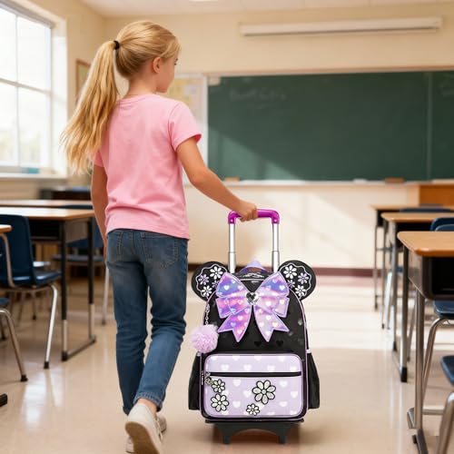 Meetbelify Girls Rolling Backpack with Wheels Kids Wheels Backpack for Girls - color: Bowknot Purple