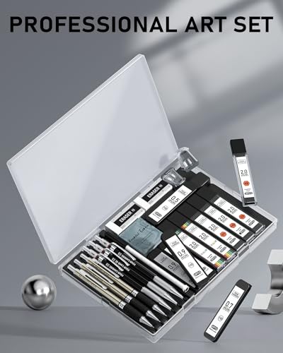 Four Candies 25PCS Mechanical Pencil Set with Case, Art Supplies with Metal Pencil 0.5, 0.7, 0.9 mm & 3PCS 2mm (HB 2H 2B 4B Color) & 432 Graphite Lead Refills, Technical Drawing Kit for Teen & Adults - style: 0.5mm+0.7mm+0.9mm+2.0mm