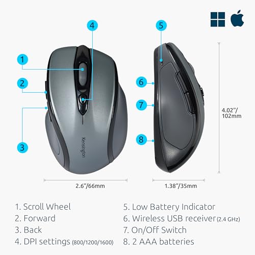Kensington Pro Fit Mid-Size Wireless Mouse, Graphite Gray (K72423AM) - color: Graphite Gray