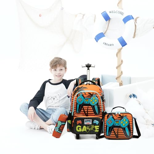 Meetbelify Boys Rolling Backpack with Wheels for Elementary Preschool Students Kids Travel Luggage Carry on Backpack for Boys Ages 6-8 - color: 02 Game