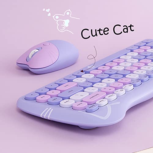 Cute Cat 2.4G USB Wireless Keyboard and Mouse Combo, Silent Keys, Candy Colors, Compatible with Notebook, PC (Purple-84Keys) - color: Purple-84Keys