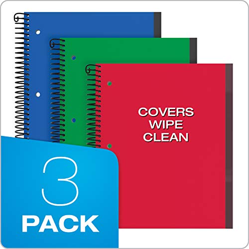Oxford Spiral Notebook 3 Pack, 3 Subject, Wide Rule, Durable Plastic Covers, Strong Coil, 3 Durable Pockets, 8.5 x 11, 150 Sheets, Red, Green, Blue (89804) - size: 3 Count (Pack of 1)