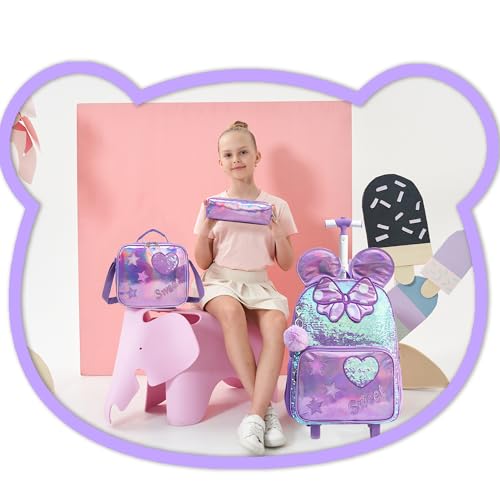 Meetbelify Rolling Backpack for Girls Backpacks with Wheels for Elementary School Students Kids 3 in 1 Travel Luggage Suitcase with Lunch Box Pencil Case for Girls Age 8-10 Cute - color: 05 3pcs Big Ear Purple