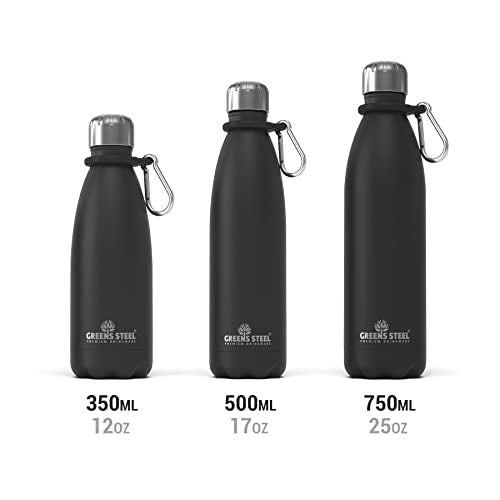 Greens Steel Stainless Steel Water Bottle - 17 oz, Black | Vacuum Insulated Double Wall with Screw Lid/Leak Proof | Thermal Travel Sports Canteen Coffee Flask - color: Black, size: 17 Ounces