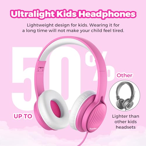 TuneFlux Upgraded Kids Headphones, Wired Toddler Headsets, 85dB Limited Volume On Ear Headphones, Portable Foldable Design, Stereo Sound Kids Headsets for School/Tablet/Travel-Pink - color: Pink