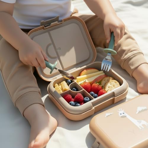 Bento Midi Lunch Box with carrying handle – 4 No-Mix Compartments | Microwave & Dishwasher Safe,Removable Tray | 900ML OZ (Pink Dark Powder ClevaRaff Friend) - color: Pink Dark Powder ClevaRaff Friend