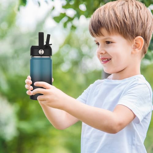 Kids Water Bottle with Straw Lid-12 oz Insulated Stainless Steel Thermal Cup, Leakproof Wide Mouth Sports Bottle Keeps Cold 12H & Hot 6H for Gym Office Outdoor - color: Blue-Black