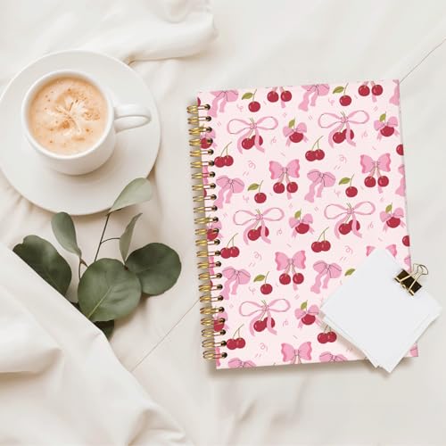 Coquette Cherry Spiral Notebook for Women,Pink Bow School Journal | Pink Office Supplies,Coquette Trendy Gifts for Girls Teens, Aesthetic Stationery Supplies 5.5x8.3 - color: Cherry - Pink bow 1