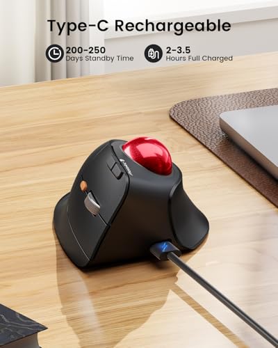 ProtoArc Vertical Wireless Trackball Mouse, EM05 NL Bluetooth Ergonomic Rollerball Mouse Rechargeable Computer Laptop Thumb Mice, 3 Device Connection, Compatible with iPad, Mac, Windows, PC-Red - color: Red