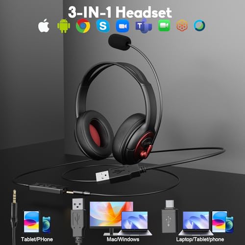MAIRDI USB Headset with Microphone, Type-C/USB/3.5mm Jack 3-in-1 PC Headset, Computer Headset with Mic Noise Canceling for Teams Call Centers Skype Zoom Home Office Dragon Nuance Dictation