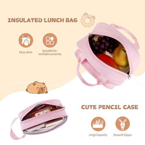 Capybara Rolling Backpack for Girls - 3PCS Girls Backpack Kids Suitcase with Lunch Box & Pencil Case Travel - Capybara Backpack with Wheels for Kindergarten Preschool Elementary (Pink) - color: Pink