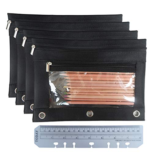 3 Ring Binder Pencil Pouch with Durable Zipper Binder Pencil Case with Clear Window 2 Pocket Black Canvas 2 Pack